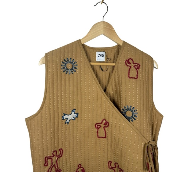 Zara Blogger Favorite Women’s Oversized Quilted Embroidered Wrap Vest Brown L - Picture 8 of 15